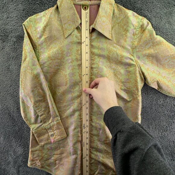 Robert Graham Women Shiny Floral Print Button Up Small Shirt Green Pink L/S - Picture 2 of 16